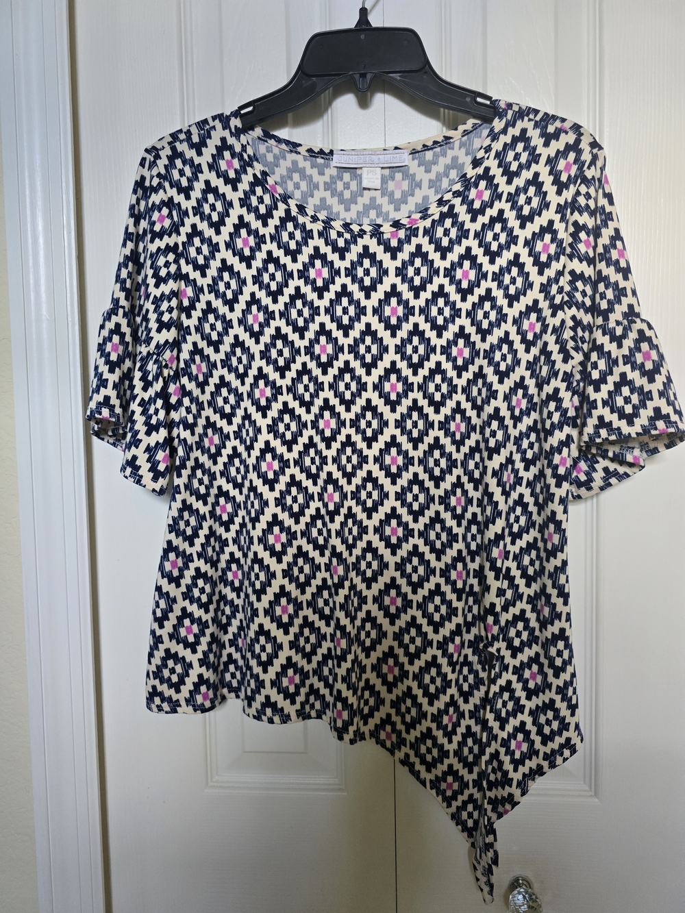 Geometric Navy & White Short Sleeve Tunic with Pink Accents